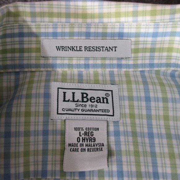 L.L. Bean Men's Button Up Shirt Short Sleeve Green Plaid Large Wrinkle Resistant - Picture 4 of 6